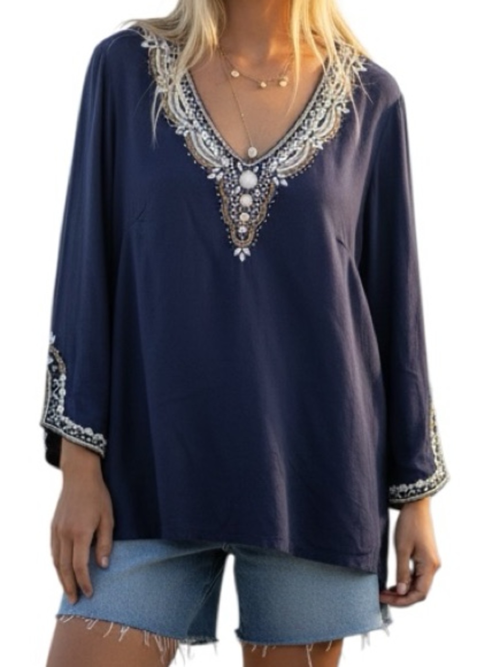 Lilly Pulitzer‎ Navy Beaded Tunic Top 3/4 Sleeve Embellished Blouse Size S